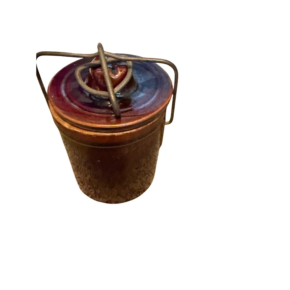 Vintage Brown Stoneware Crock with Lid and Wire Bale Locking Mechanism 5.5in